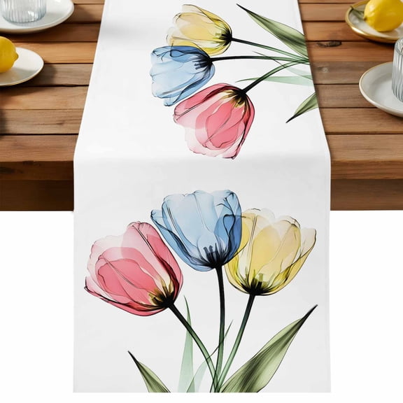 X-ray Tulips Table Runner, Colorful Floral Abstract Flowers Spring Summer Cotton Linen Table Cloth, Tablerunner for Kitchen Dining Party Wedding Home Decor 13x36 Inch
