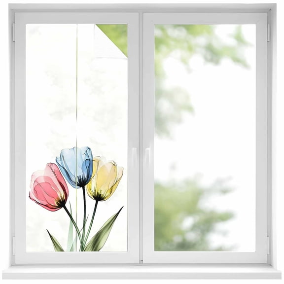 X-ray Tulips Window Privacy Film Colorful Floral Abstract Flowers Spring Summer Decorative Glass Window Film UV Blocking Static Cling Non-Adhesive Sticker Covering for Home Door 19.6 x 39.3 inches