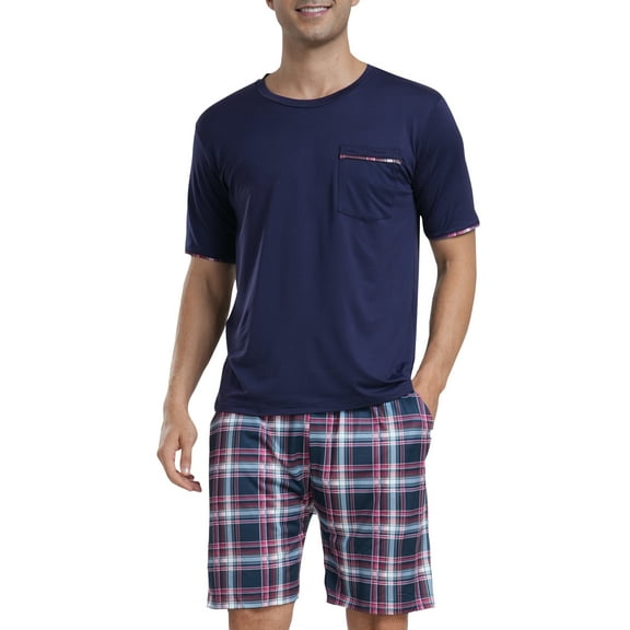 X'soft Men's Checkered Pajamas Set Short Sleeve Round Neck T-shirts and Shorts with Pockets Loungewear 2-Piece for Men