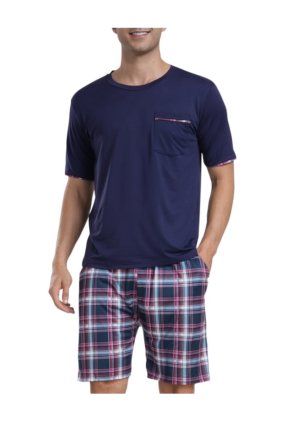 Men's Checkered Pajamas Set Short Sleeve Round Neck T-shirts and Shorts with Pockets Loungewear 2-Piece for Men