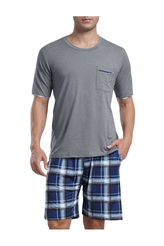 Men's Checkered Pajamas Set Short Sleeve Round Neck T-shirts and Shorts with Pockets Loungewear 2-Piece for Men