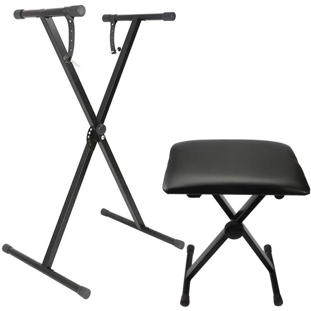 X-type Keyboard Stand + Adjustable Folding Piano Bench Stool Seat Black