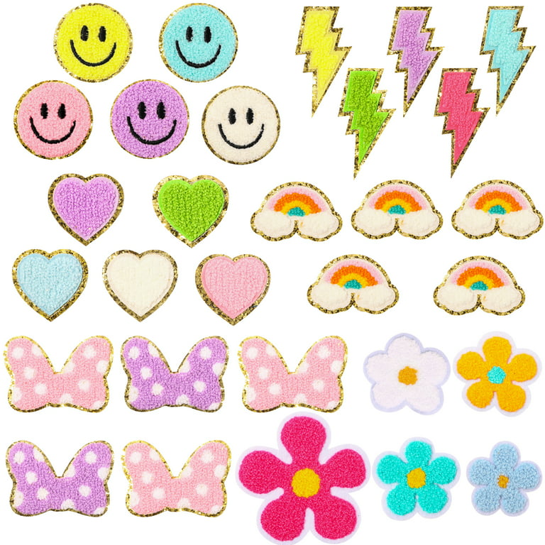 Kirako 24Pcs Preppy Iron on Patches for Girls Cute Glitter Smile Lightning  Bolt Rainbow Chenille Embroidered Repair Patches Sew on Applique DIY Craft