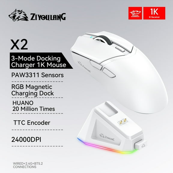 X2 Gaming Mouse Wireless RGB Magnetic Charger,24000DPI,1K Return Ziyoulang Bluetooth Tri-Mode Connection,PAW3311 MacroGame Mouse