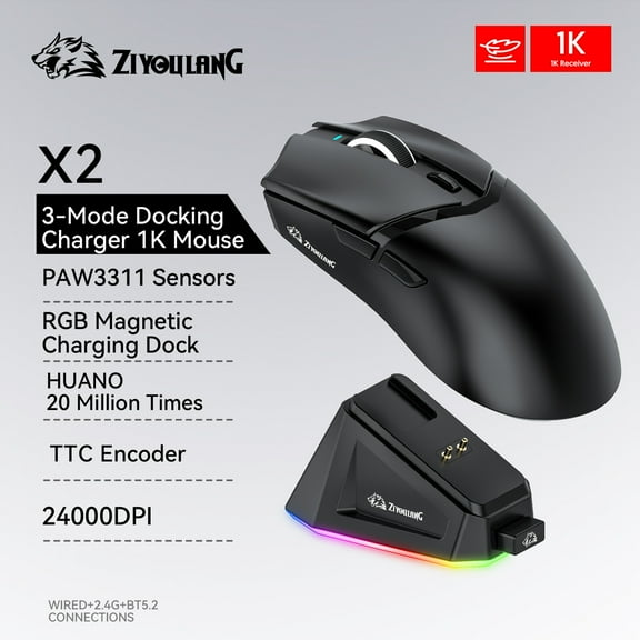 X2 Gaming Mouse Wireless RGB Magnetic Charger,24000DPI,1K Return Ziyoulang Bluetooth Tri-Mode Connection,PAW3311 MacroGame Mouse