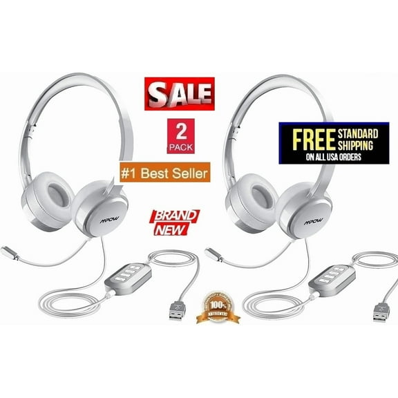 X2 Pack USB Headset With Mic For PC Laptop,USB+3.5mm Computer Headset With Audio Controls & Noise Cancelling,USB Headphones For Call Center,Work,Office,Binaural-SILVER