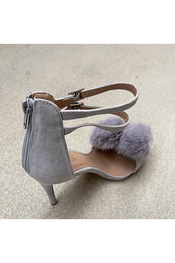 Catrina-4 Natural Pom Pom Open Toe Dual Ankle Strap Heel Sandals