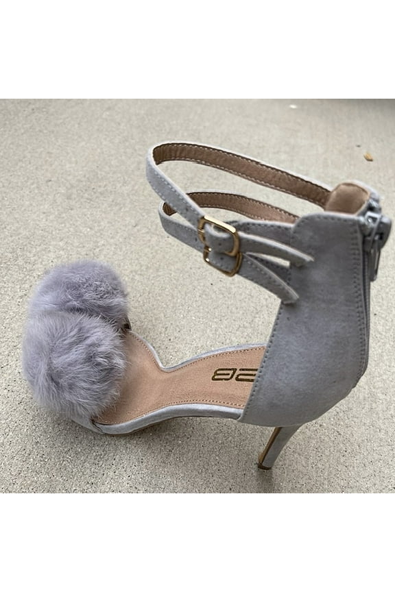 Catrina-4 Natural Pom Pom Open Toe Dual Ankle Strap Heel Sandals