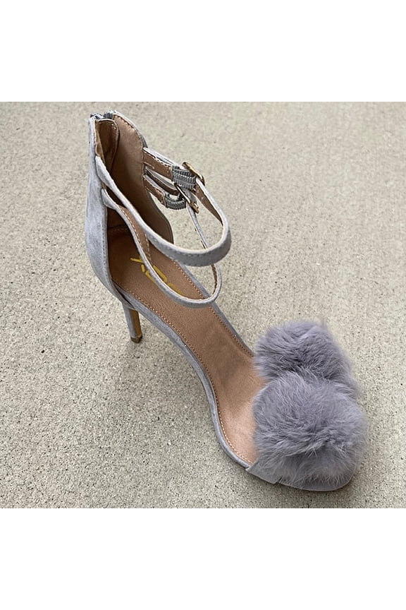 Catrina-4 Natural Pom Pom Open Toe Dual Ankle Strap Heel Sandals