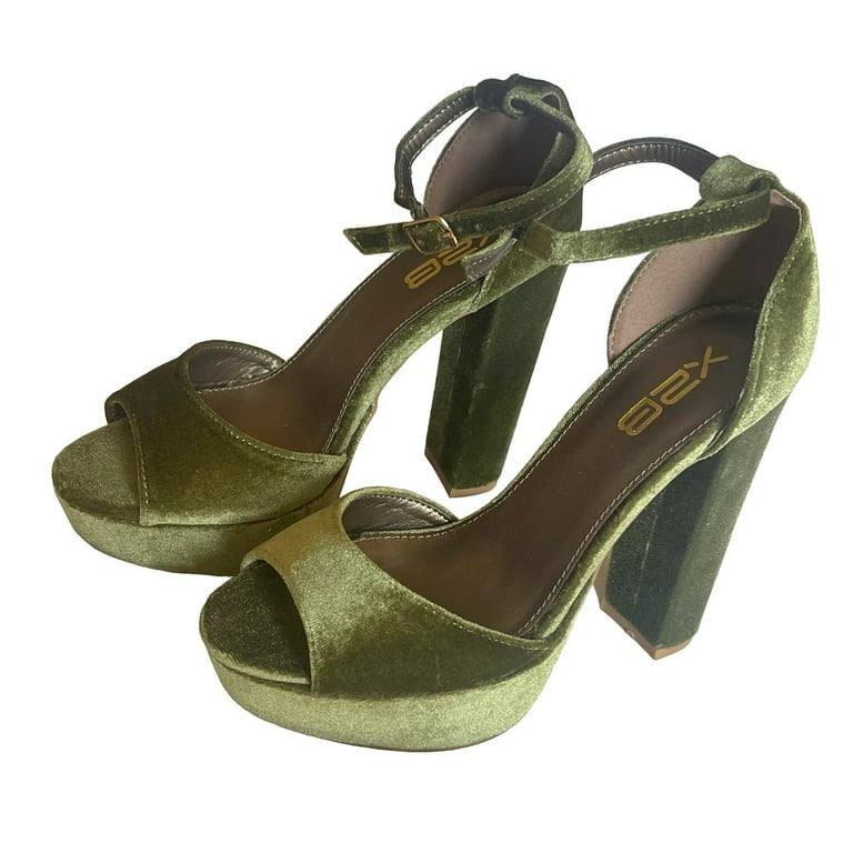 X2B Fern 2 Women s Slingback Angle Strap Peep Toe Platform Block Heel Velvet Sandals Olive Green 10
