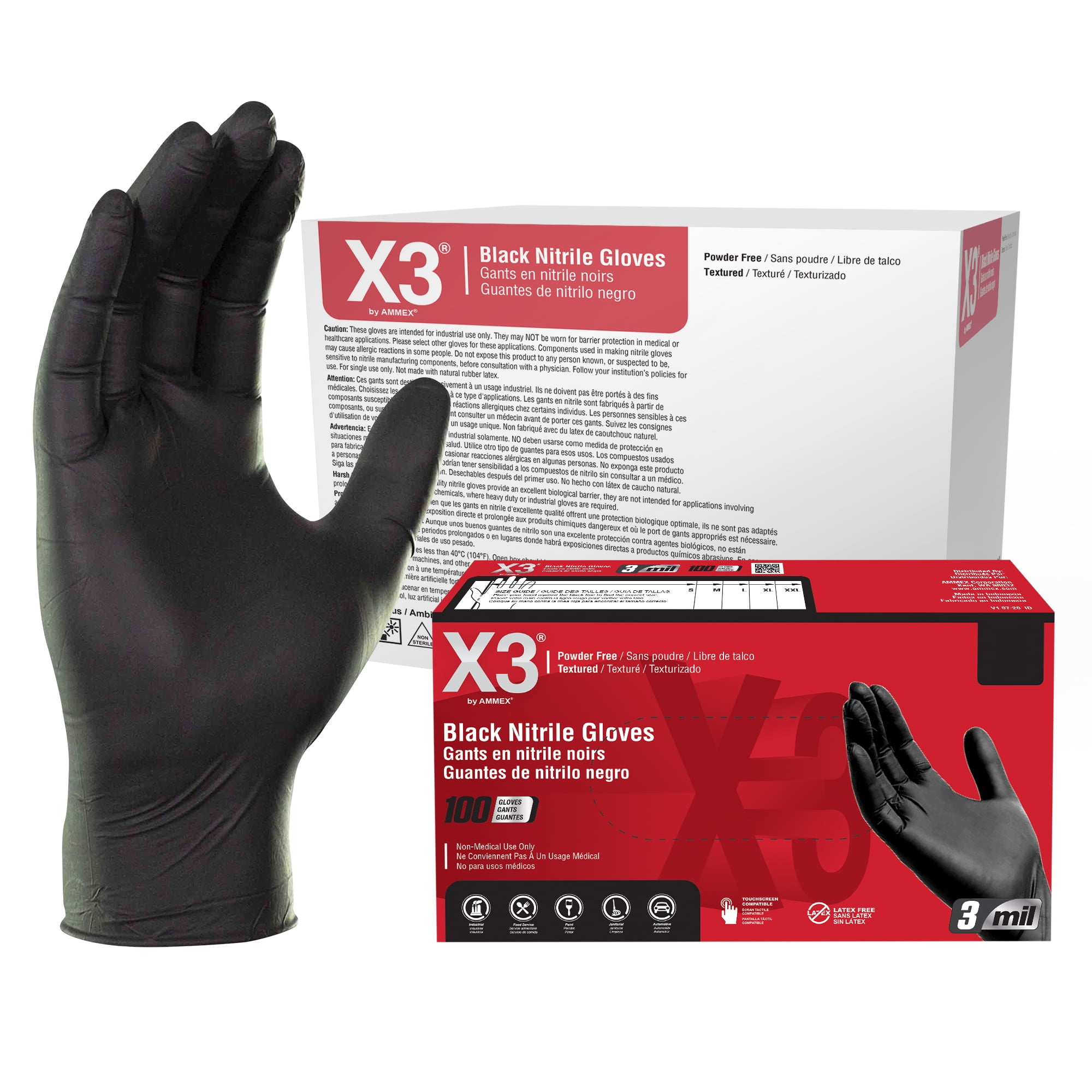 Large Black X3 Nitrile Disposable Industrial Gloves 3 Mil Powder Free Box of 100 Walmart
