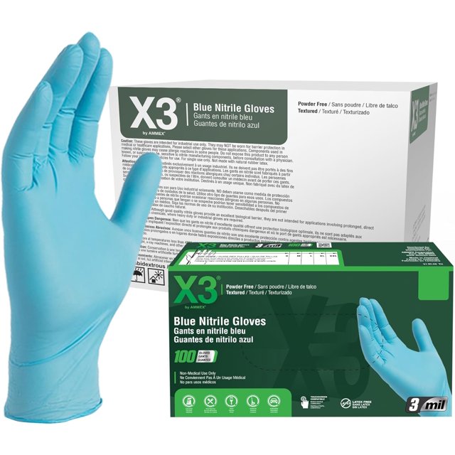 X3 Blue Nitrile Disposable IndustrialGrade Gloves, 3 Mil, Latex