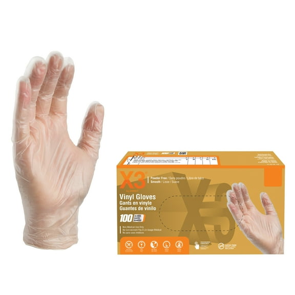 X3 Clear Vinyl Disposable Gloves, 3 Mil, Food-Safe, Non-Latex, Large, 100/Box
