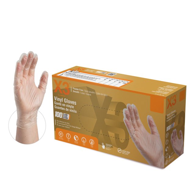 X3 Clear Vinyl Disposable Gloves, 3 Mil, FoodSafe, NonLatex, Medium