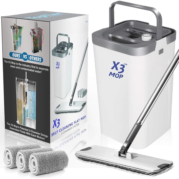 X3 Mop, Separates Dirty and Clean Water, 3-Chamber Design, Flat Mop and Bucket Set, Hands Free Floor Cleaning, 3 Microfiber Mop Pads Included ( X3 Mop)