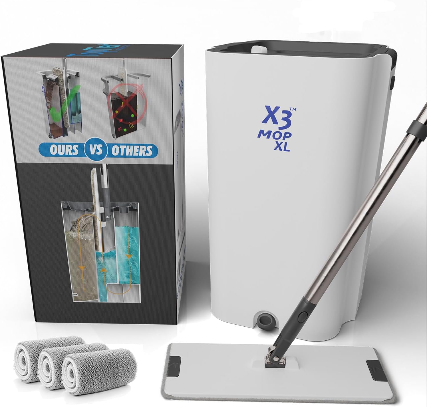 X3 Mop XL, Separates Dirty and Clean Water, 3Chamber Design, Flat Mop