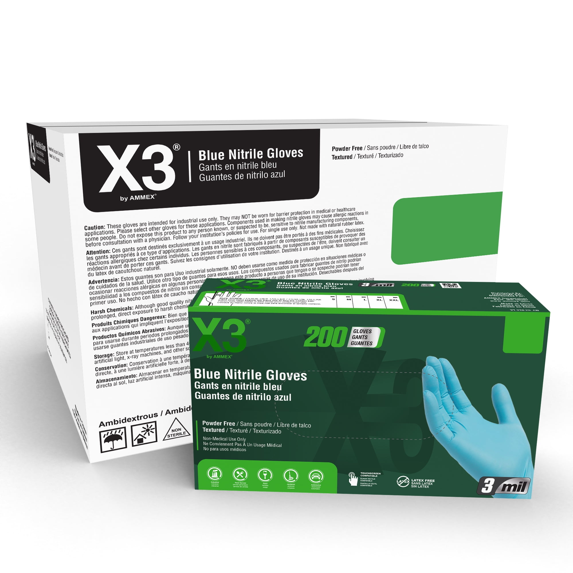 X3 Nitrile, Latex Free, Powder Free Industrial Disposable Gloves, Blue