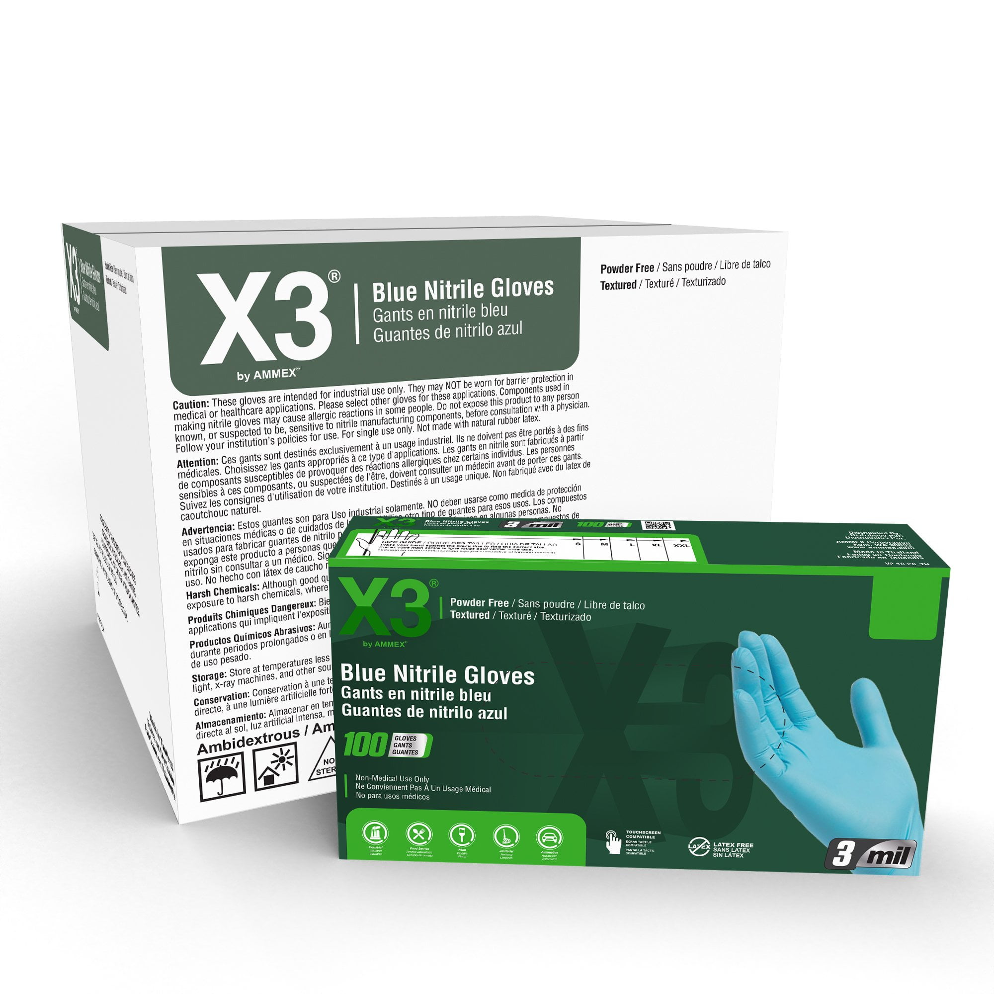 X3 Nitrile Latex Free Powder Free Industrial Disposable Gloves 2X Large Blue 1000 Case