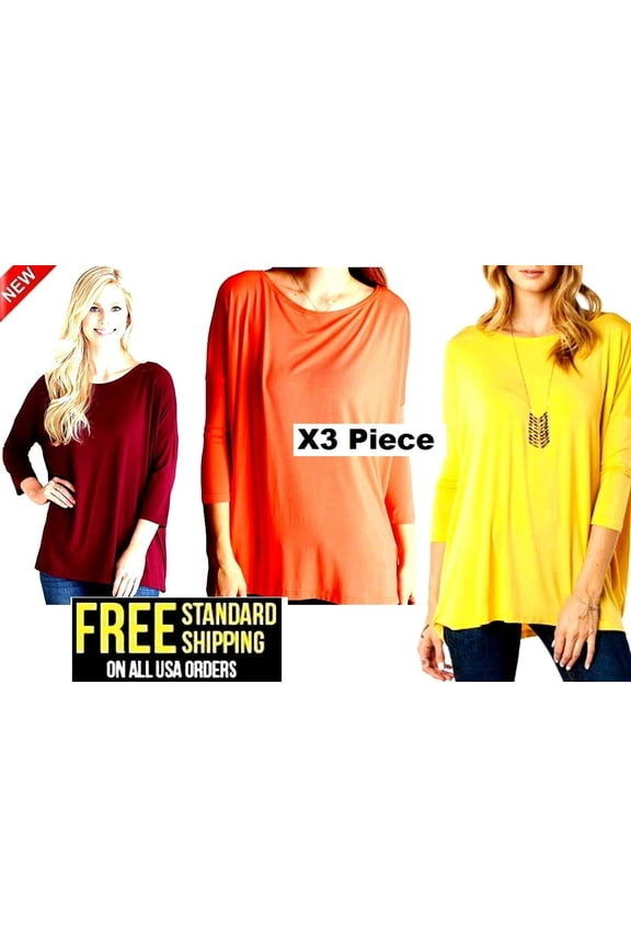 X3 piece Jack David Collection PIKO TOP Style 3/4 Sleeve Casual of shoulder Boat Neck T-Shirt