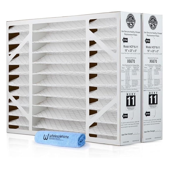 X6670 16x25x5 Air Filter MERV 11 HVAC Furnace Filters, Filter for Home with Cleaning Cloth, 2-Pack (Actual Size: 15.75 x 24.75 x 4.38 Inches)
