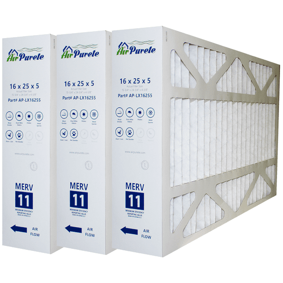 X6670, FC100A1029 Replacement Filter | AirPurete AP-LX16255 | Actual Size 15-3/4" x 24-3/4" x 4-3/8" (16x25x5) | Merv 11 | Pack of 3 | Manufactured in United States
