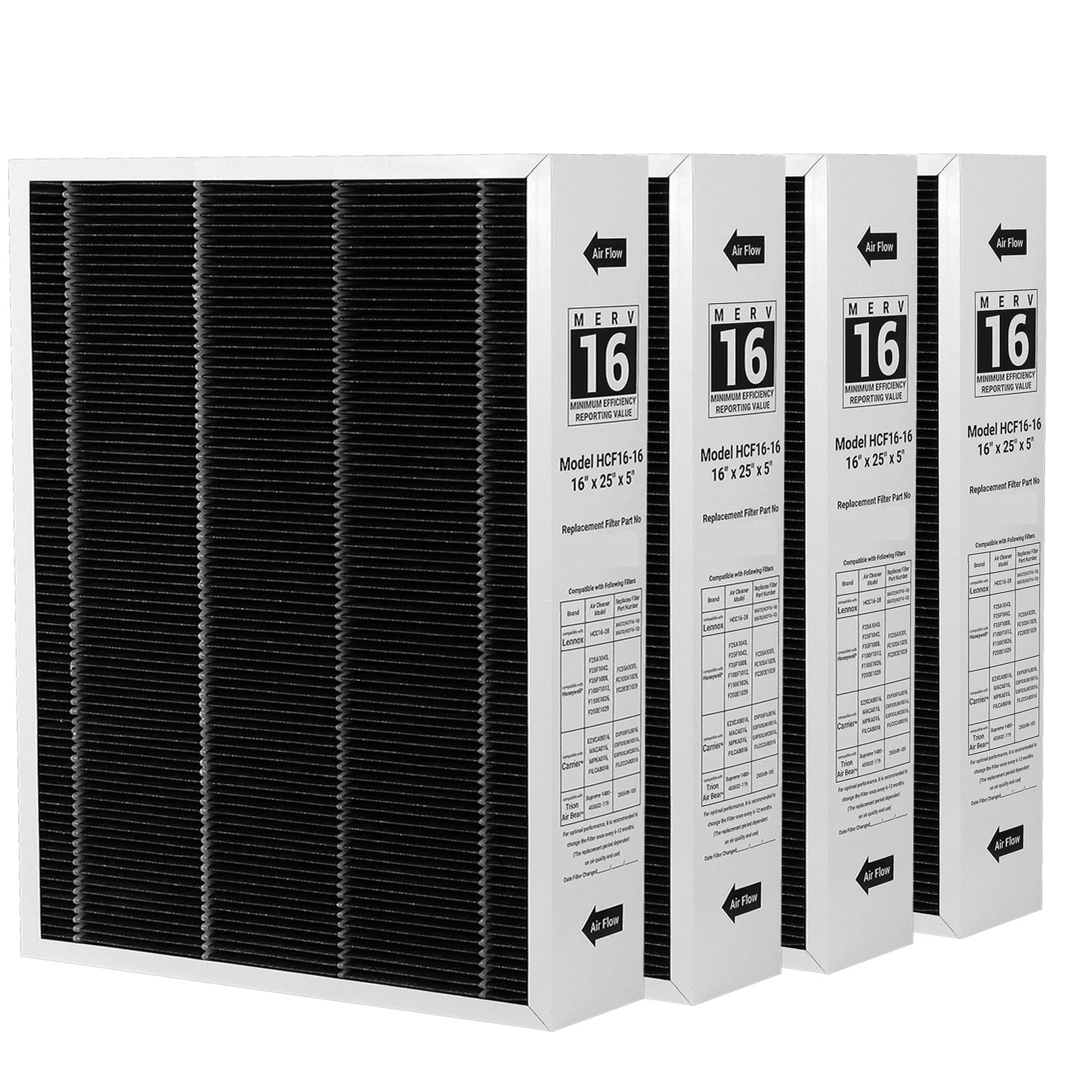 X6672 16x25x5 Air Filter Merv 16 Dust Defense (4-Pack), Pleated HVAC & Furnace Filters For Lennox, Honeywell, Carrier, and Trion Air Bear