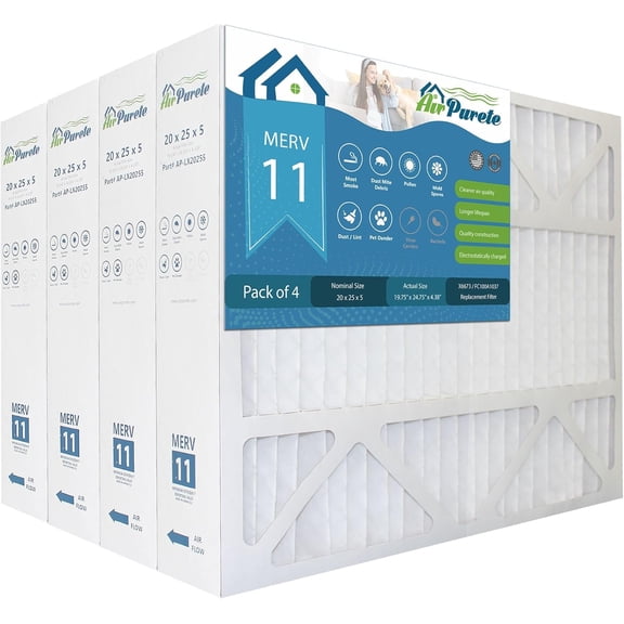 X6673, FC100A1037 Replacement Filter | AirPurete AP-LX20255 | Actual Size 19-3/4" x 24-3/4" x 4-3/8" (20x25x5) | Merv 11 | Pack of 4 | Manufactured in United States