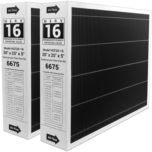 X6675 Merv 16 20x25x5 Efficient Furnace Filter Compatible with Lennox X6675 and Lennox HCC20-28 Furnace HVAC System, Part Number HCF20-16, 2 Pack