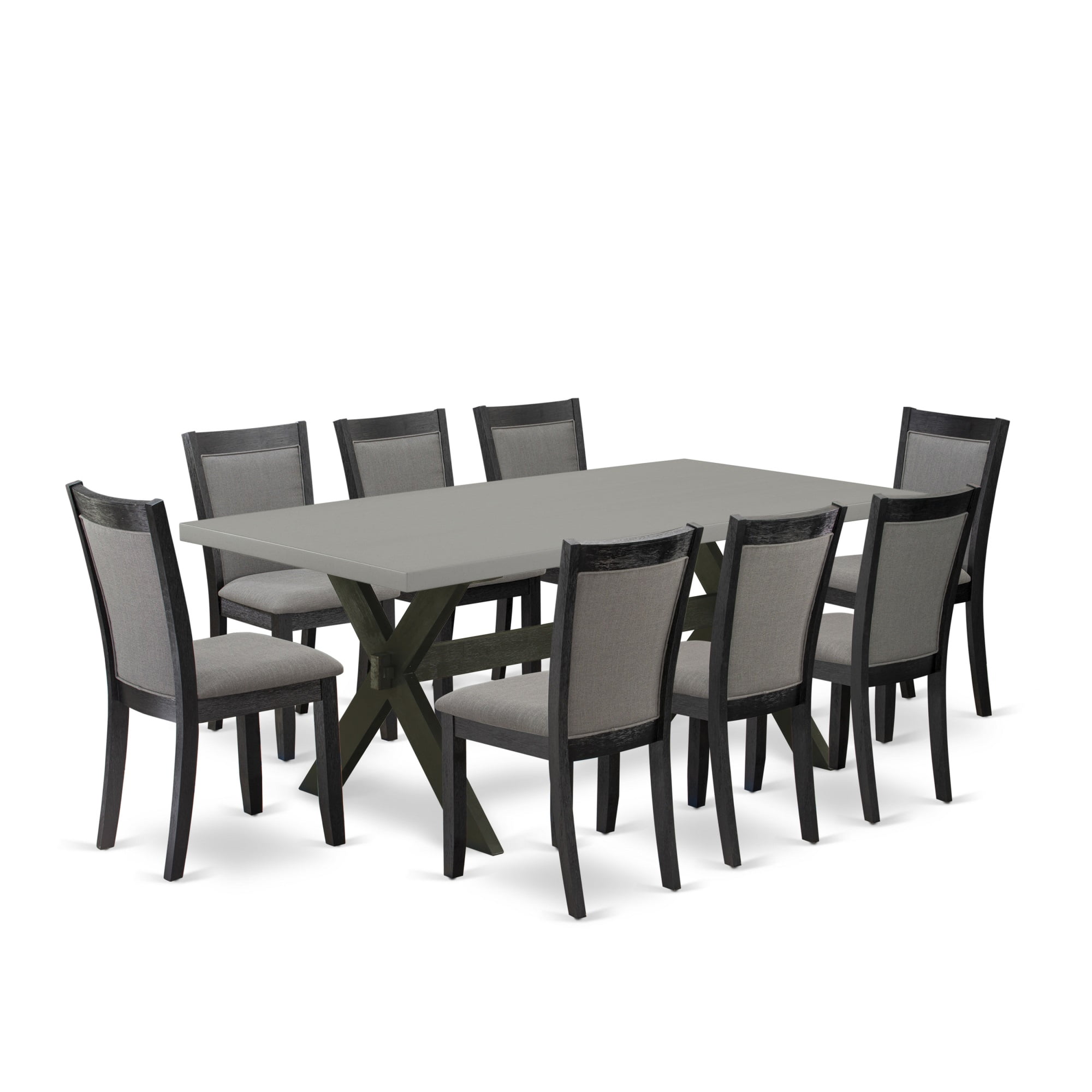 72" Cement Top Dining Table with 8 Dark Grey Linen Chairs