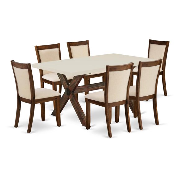 East West Furniture X-Style 7PC Dining Set in Light Beige/Distressed Jacobean
