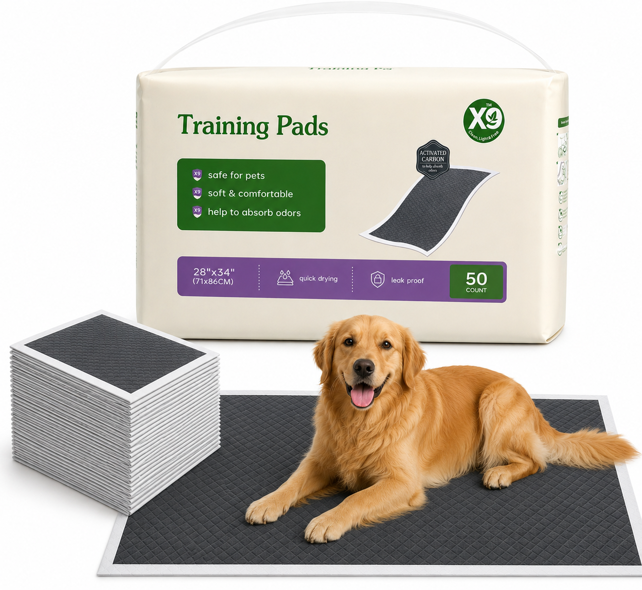 X9 Activated Charcoal Extra Large Puppy Pads 28 x 34 Inch, 50 Count Training Pads for Large Dogs Odor Control, Leak-Proof, Super Absorbent