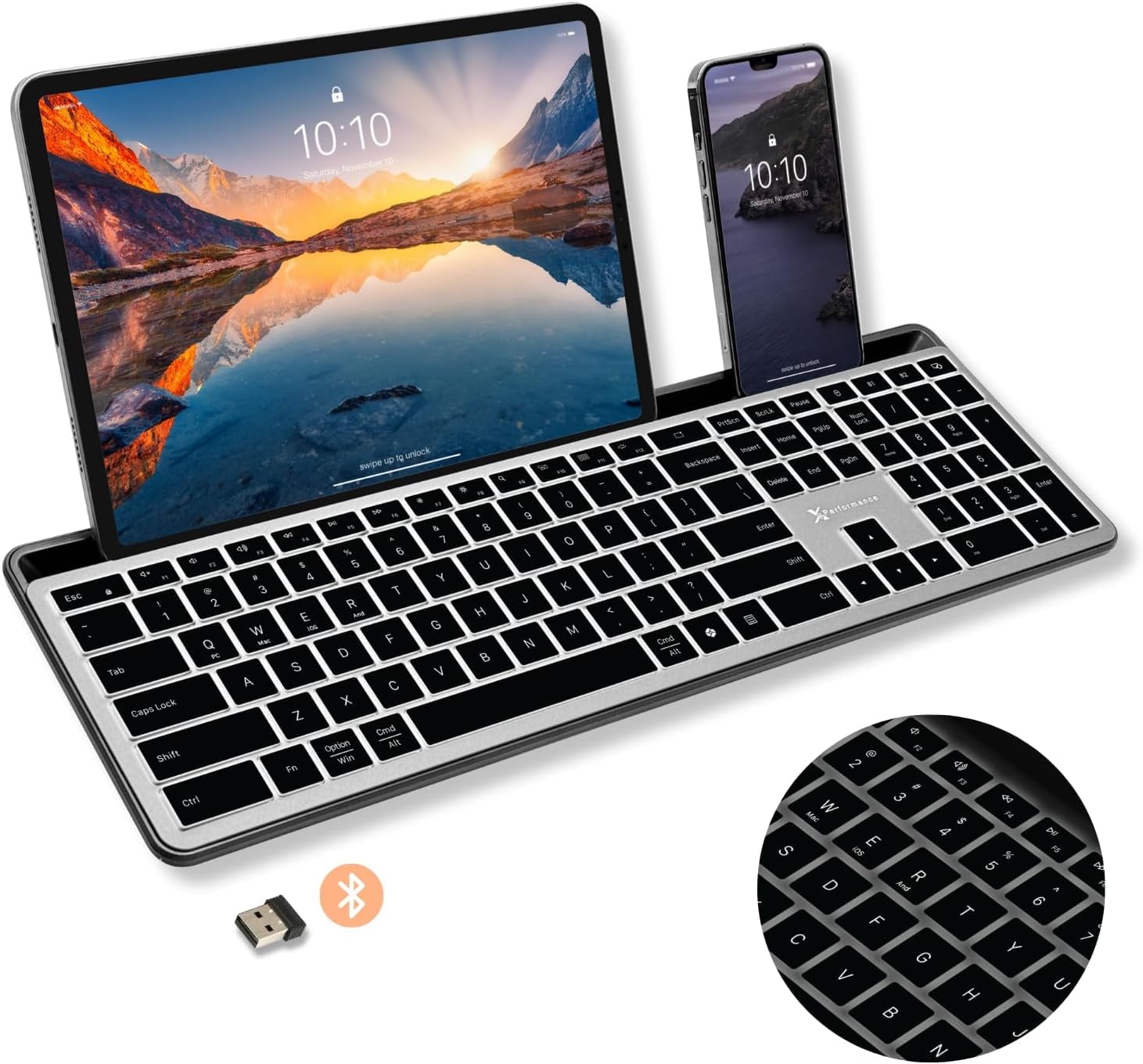 X9 Full Size Bluetooth Keyboard with Phone Holder - Backlit Wireless Keyboard, Switch Multi Device, Quiet, Slim, Rechargeable, w/Copilot for iPhone, Tablet, PC, Mac, iPad, MacBook, iOS - Gray