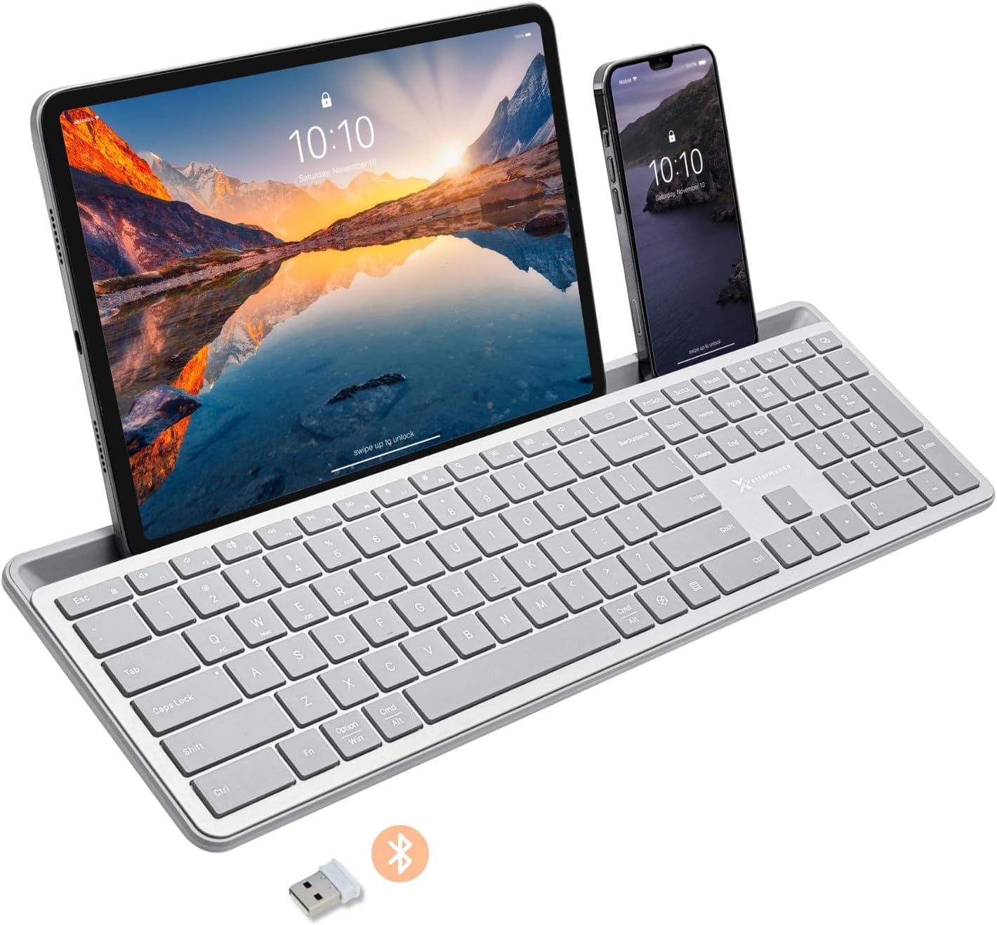 X9 Full-Size Bluetooth Keyboard with Phone Holder – Backlit Wireless Keyboard, Switch Multi-Device, Slim, Quiet, Rechargeable, w/ Copilot AI for PC, Mac, iOS & Android (Silver)