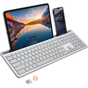 X9 Full-Size Bluetooth Keyboard with Phone Holder   Backlit Wireless Keyboard, Switch Multi-Device, Slim, Quiet, Rechargeable, w/ Copilot AI for PC, Mac, iOS & Android Silver