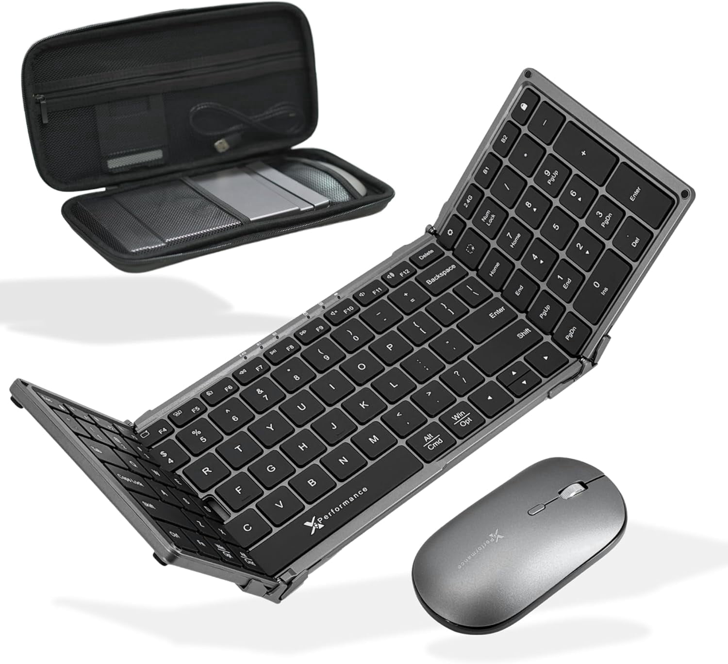 X9 Performance Foldable Keyboard and Mouse Wireless - (BT + 2.4Ghz) - Carrying Case, Phone Stand, Full Sized 106 Keys, Rechargeable - Portable Travel Bluetooth Keyboard and Mouse Set - Space Gray