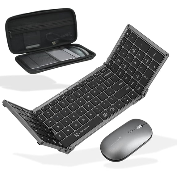 X9 Performance Foldable Keyboard and Mouse Wireless - (BT + 2.4Ghz) - Carrying Case, Phone Stand, Full Sized 106 Keys, Rechargeable - Portable Travel Bluetooth Keyboard and Mouse Set - Space Gray
