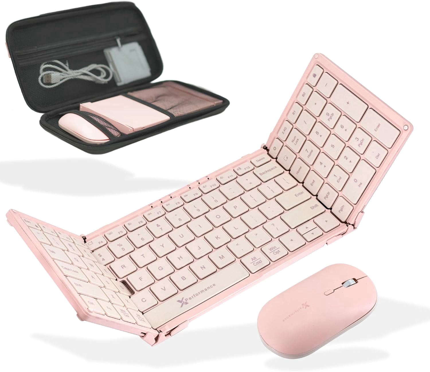 X9 Performance Foldable Keyboard and Mouse Wireless - (BT + 2.4Ghz) - Carrying Case, Phone Stand, Full Sized 106 Keys, Rechargeable - Portable Travel Bluetooth Keyboard and Mouse Set - Pink