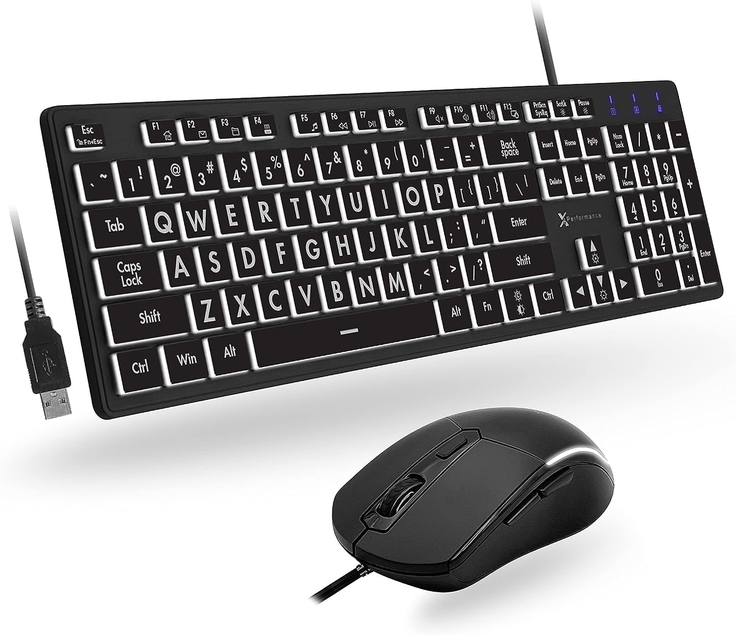 X9 Performance Large Print Keyboard and Mouse Combo - Easy to See Lighted Big Print Letters - USB Wired Backlit Keyboard and Mouse - Light Up Key Keyboard for Elderly, Low Vision, Visually Impaired