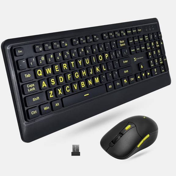 X9 Performance Large Print Wireless Keyboard and Mouse Combo - 4x Larger Oversize Yellow Letters for Seniors and Low Vision Users - 2.4Ghz Wireless Mouse and Keyboard Combo for PC