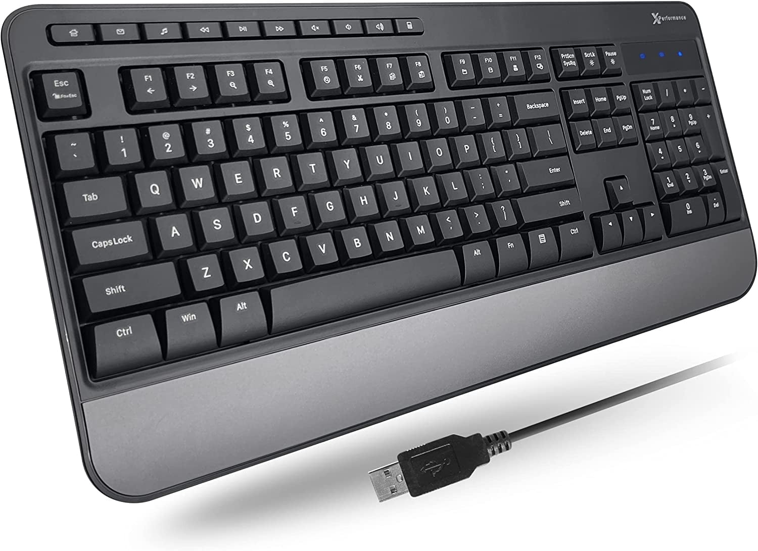 X9 Performance Multimedia USB Ergonomic Keyboard Wired - Take Control of Your Media - Full Size Wired Keyboard with Wrist Rest and 114 Keys - External Wired Computer Keyboard for Laptop and Office PC
