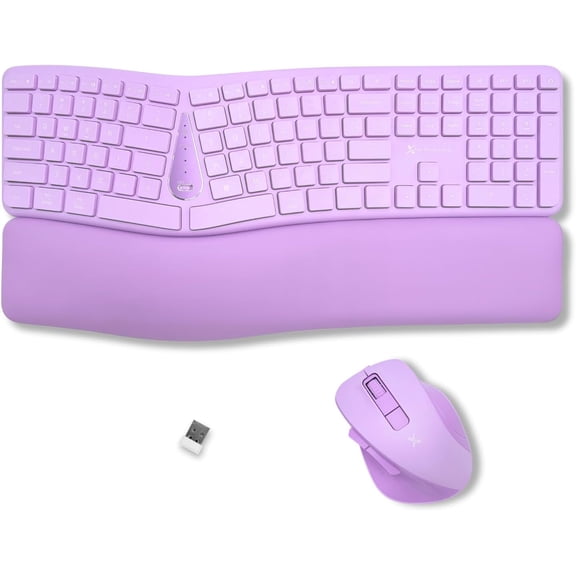X9 Purple Ergonomic Keyboard Mouse Wireless Combo - Type Comfortably - 2.4G/Bluetooth Split Keyboard, Multi-Device, Soft Wrist Rest, Rechargeable, Silent Ergo Keys - Laptop, PC, Mac,iOS,Android