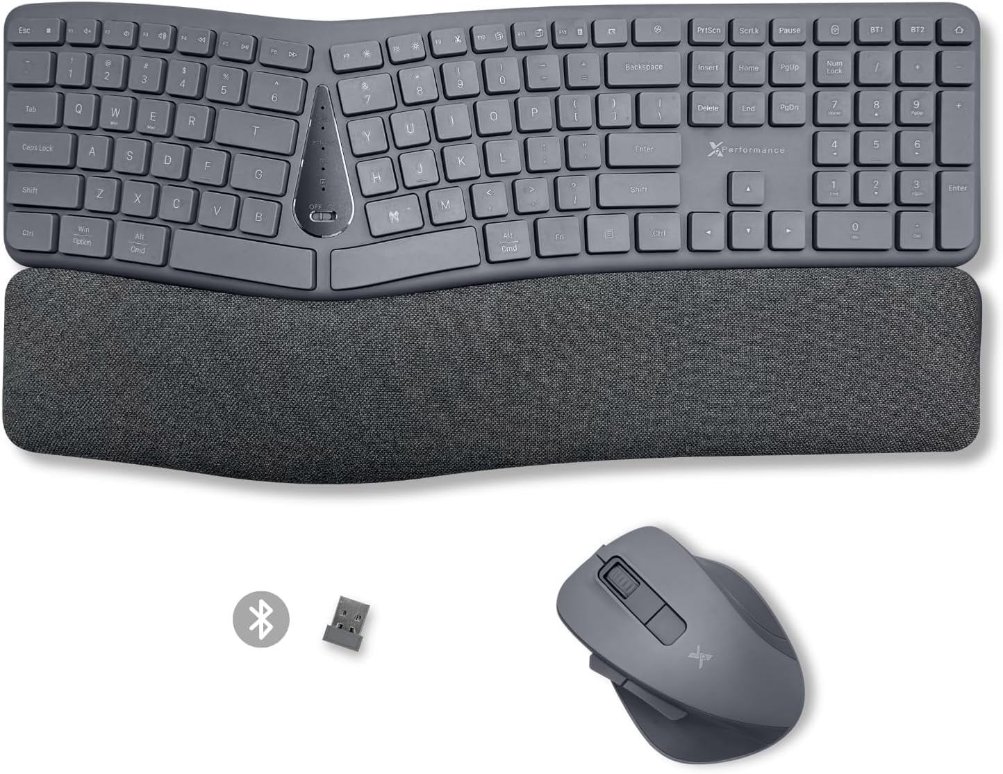 X9 Split Ergonomic Keyboard Mouse Wireless Combo - Type Comfortably - 2.4G/Bluetooth Ergo Keyboard Mouse Wireless, Silent Keys, Wrist Rest, Multi-Device, Rechargeable for Laptop, PC, Mac - Gray