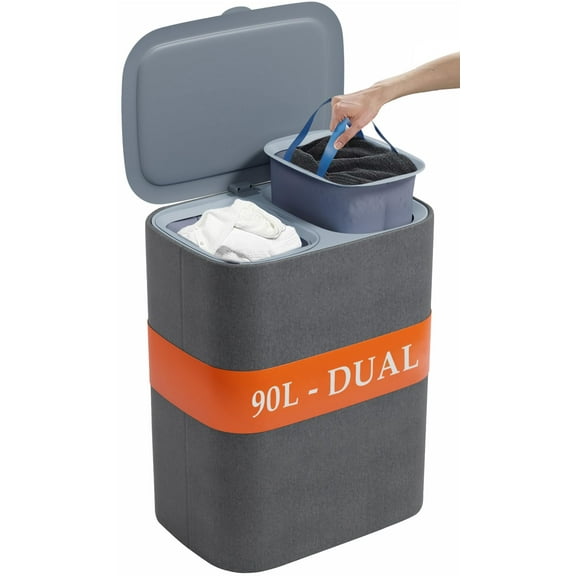 XABITAT Dual Section 90L Laundry Basket with Lid Tall divided Double Laundry Hamper with 2 Removable Washable Bags, Large Laundry Sorter for Easy Clothes Separation