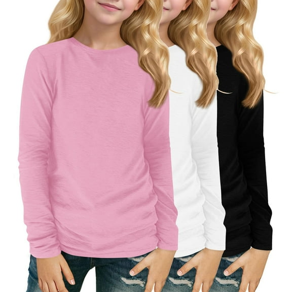 XADYUY 3 Pack Girls Long Sleeve Shirts Size 6 Crewneck Fall Shirts for Girls Trendy Basic Girls Tops Cotton Solid Girls Tunic Tops,3-4 Years