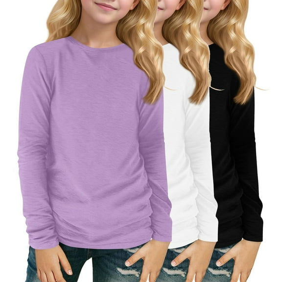 XADYUY 3 Pack Girls Shirts Long Sleeve 10-12 Crewneck Winter T Shirts for Girls Trendy Basic Top for Girls Loose Solid Blouses for Girls,7-8 Years