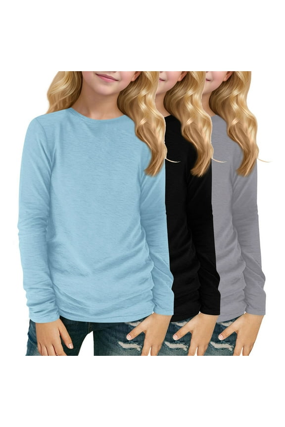 3 Pack Girls Shirts Long Sleeve 7-8 Trendy Solid Crewneck Tee for Girls Winter Basic Girls Tops Loose Girls Blouses,7-8 Years