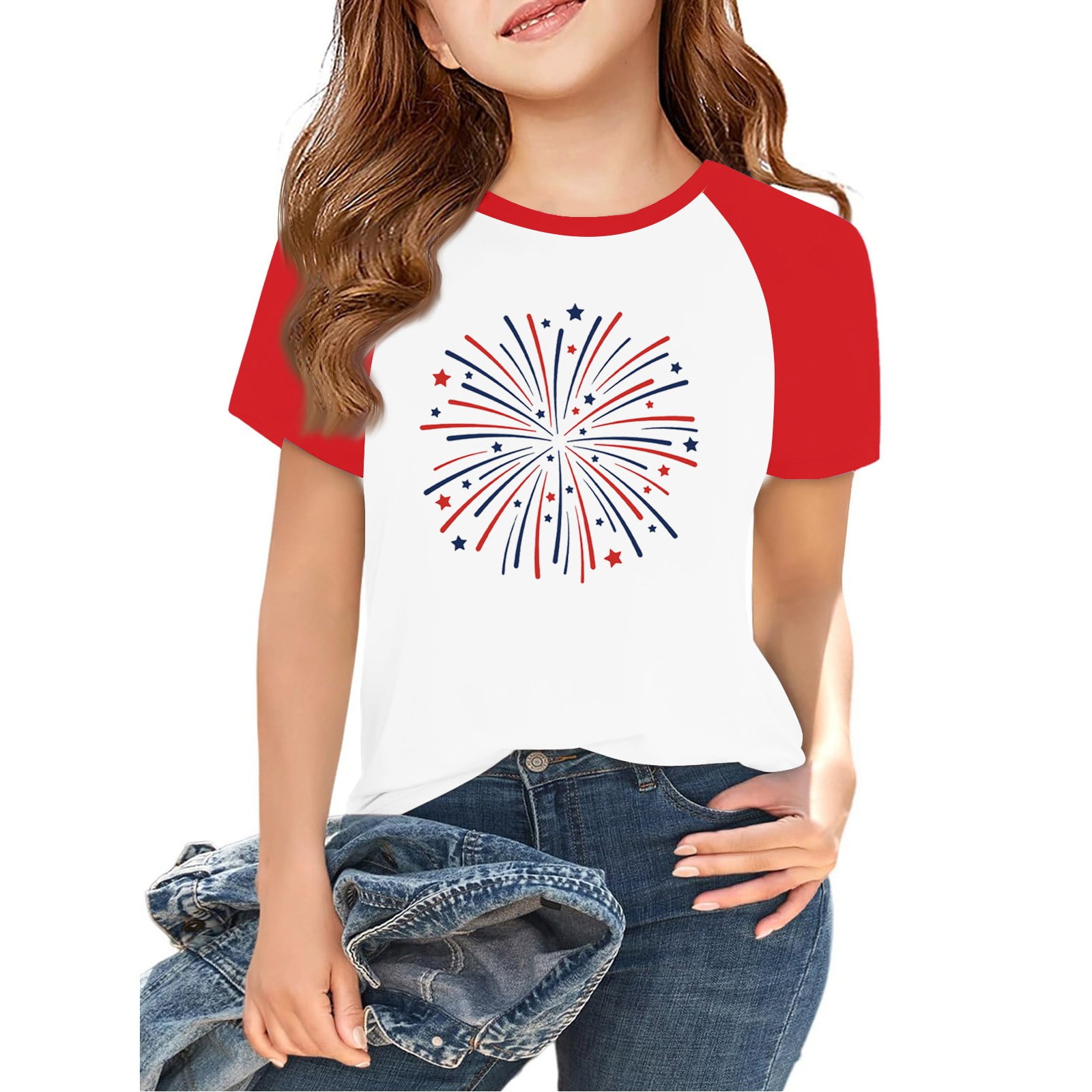 Women's Patriotic 4th Of July T-Shirt - Cute Firework USA Flag Graphic, Short Sleeve Casual Top - View #3