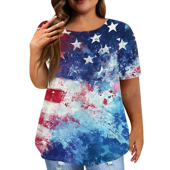 XADYUY 4th Of July Tunic Tops for Women Plus Size Stars Stripes Tie Dye Graphic Patriotic Tees Plus Size Crewneck Short Sleeve T Shirt Party Independent Day Clothes for Women,3XL Blue