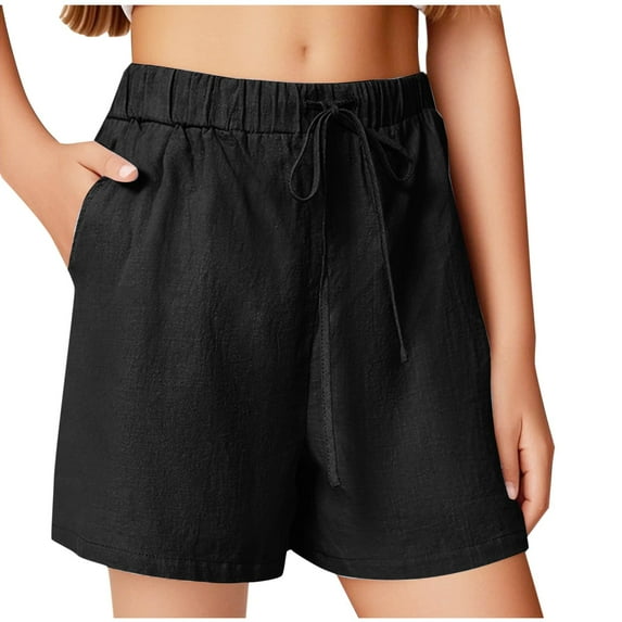 XADYUY Bermuda Shorts for Girls Pull on Elastic High Waisted Cotton Linen Shorts Casual Kids Wide Leg Beach Pants Boho Cute Lightweight Pull on Short Pants with Pockets,Black 11-12 Years