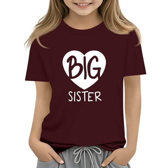 XADYUY Big Sister Shirts for Girls Size 7-8 Big Sis Shirt Cute Love Heart Print Sibling Reveal Tops Summer Fashion Short Sleeve Shirt 2-4 Years,Wine